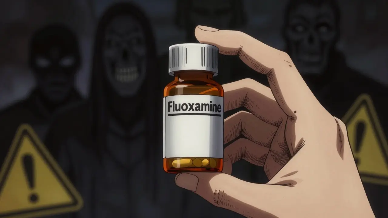 Hand holding medication bottle with shadowy figures representing fake drugs