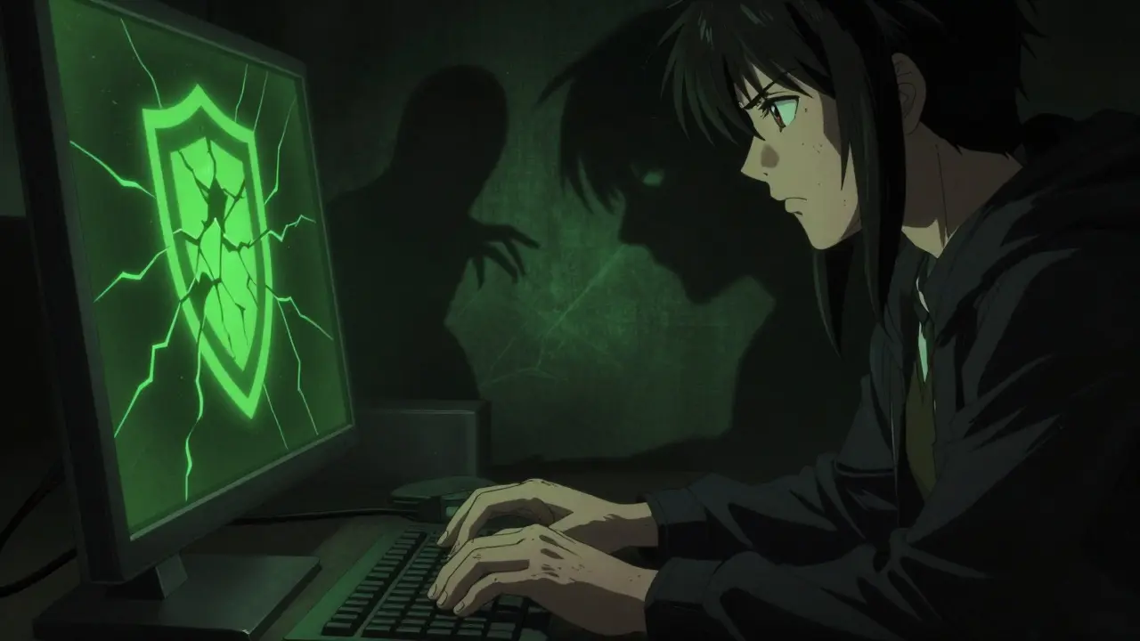 Hand typing on keyboard with ominous shadows looming
