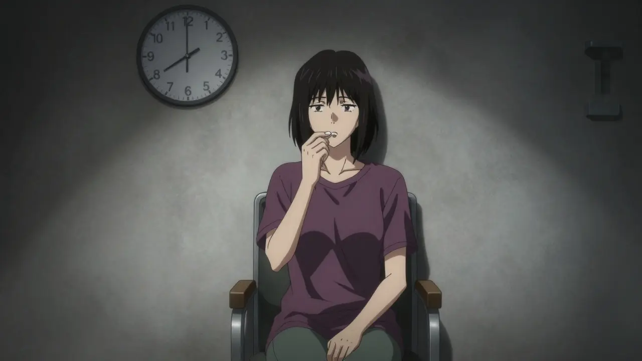 In Sui Ishida's signature noir style, a patient sits upright waiting after their dose, emphasizing the strict timing rules for oral bisphosphonates.