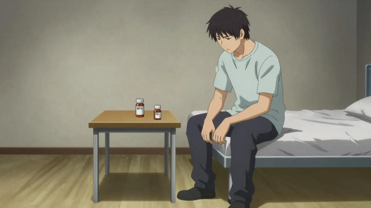Man pausing cautiously near medication bottles to prevent falls