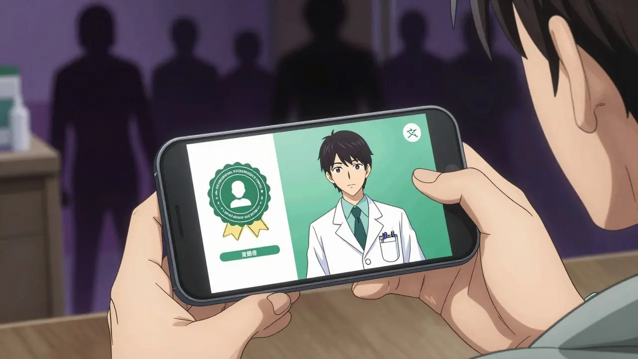 Person holding phone with doctor video call, shielded from shadowy scammer figures