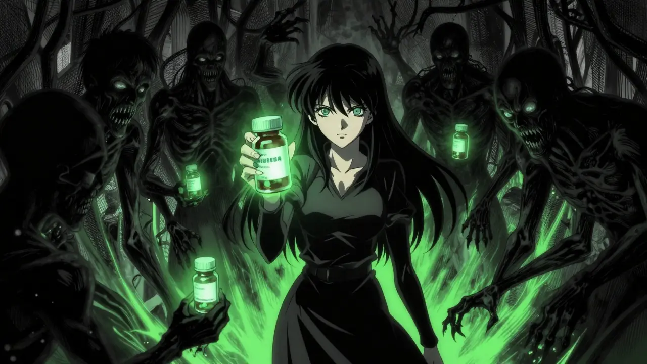 Shadowy figures offering toxic glowing pills, manga style