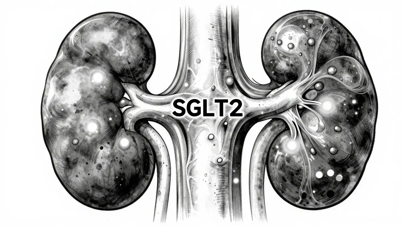 Stylized kidney filtration system flushing glucose molecules
