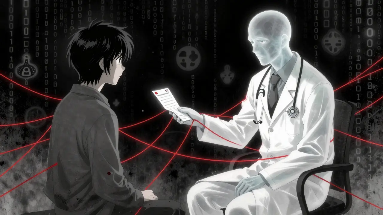 Surreal anime scene of a telehealth consultation with glowing digital connections