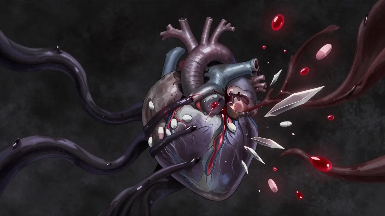Surreal art of a heart attacked by shadowy tendrils and sharp shards