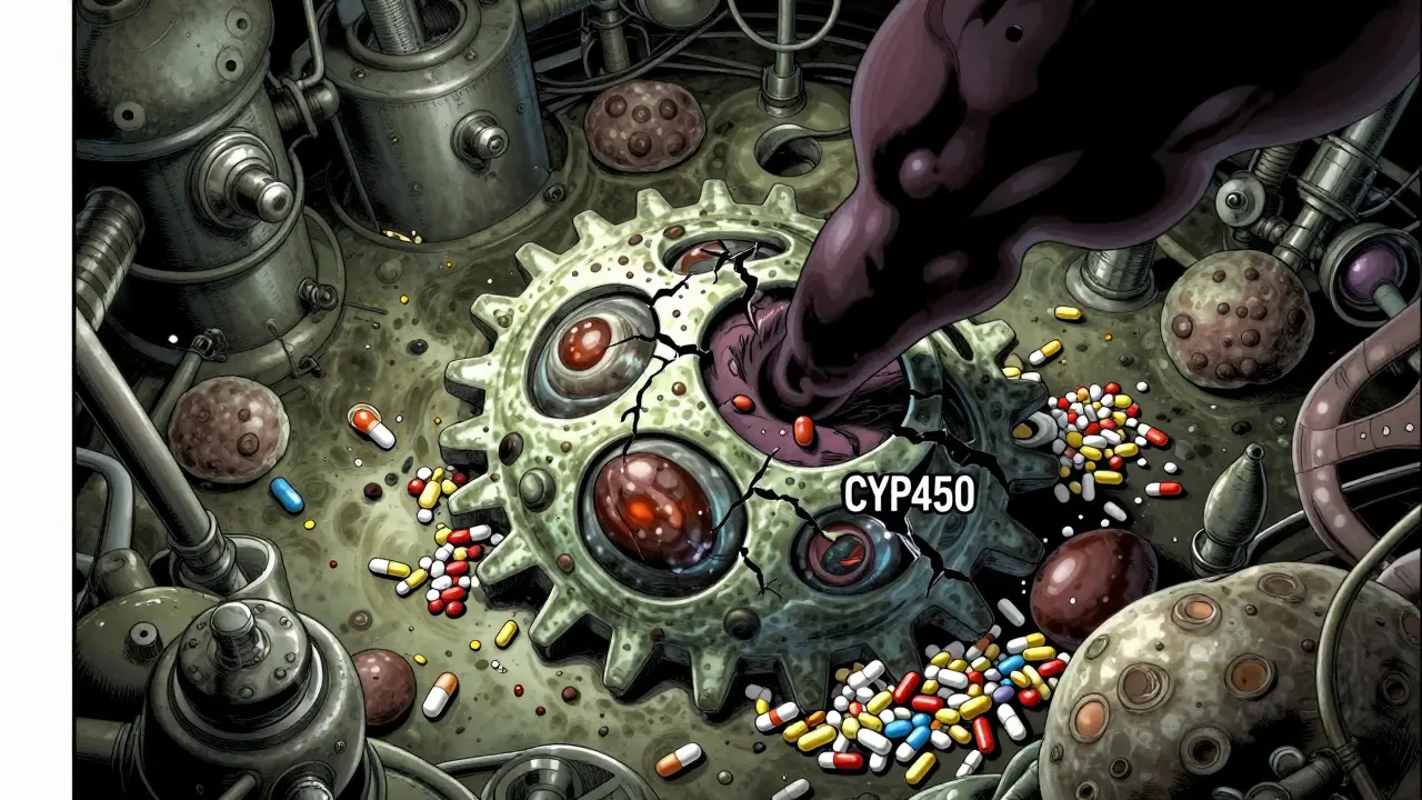 A gritty, mechanical depiction of liver enzymes being blocked by drug inhibitors.