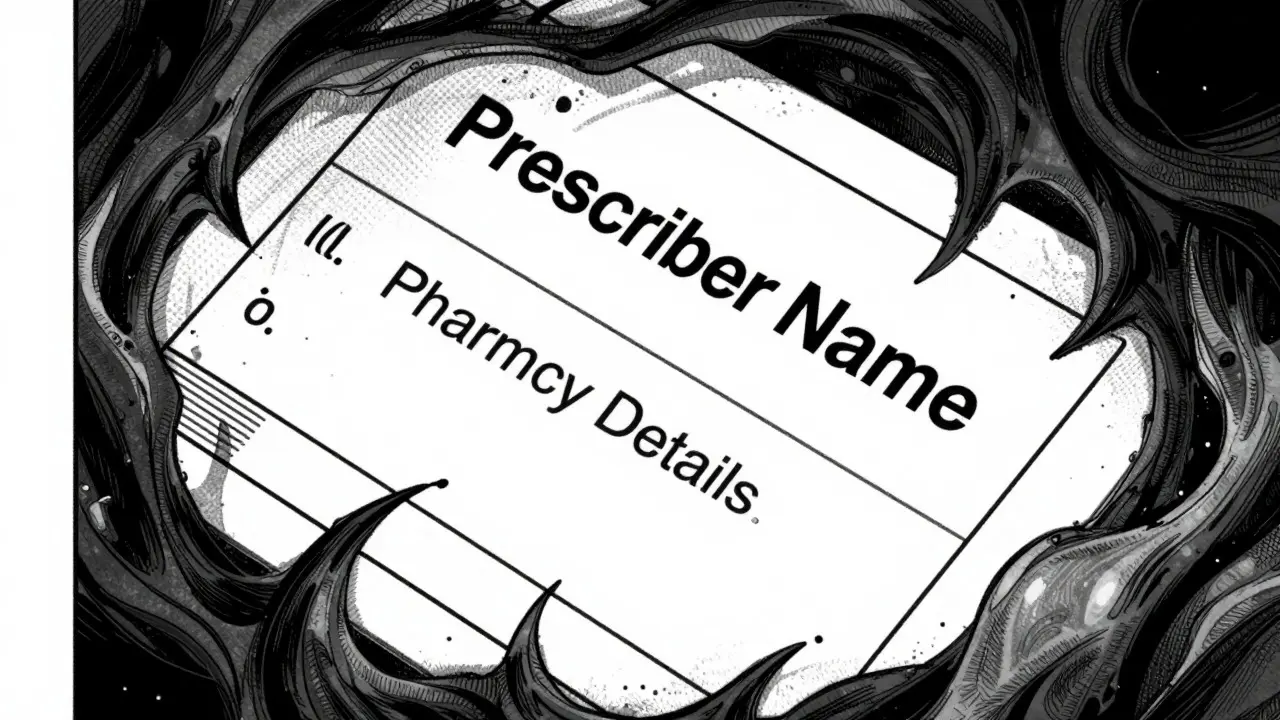 Abstract dark manga art showing distorted text on a medicine label symbolizing errors