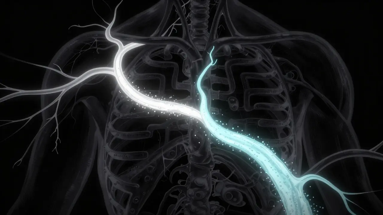 Abstract illustration of drug absorption merging in blood vessels