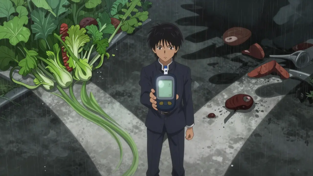 Anime figure choosing healthy lifestyle path while holding glucose monitor
