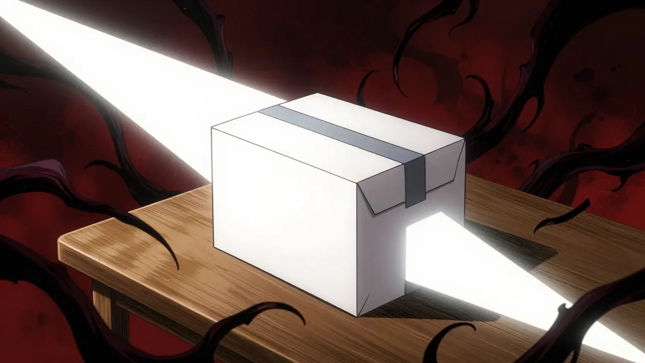 Delivery box protected from dark shadows symbolizing scams
