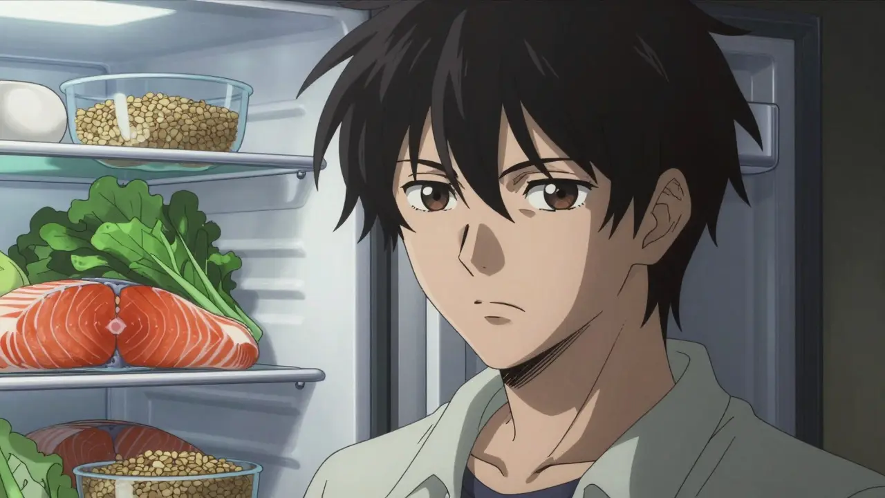Determined person choosing fresh ingredients from fridge