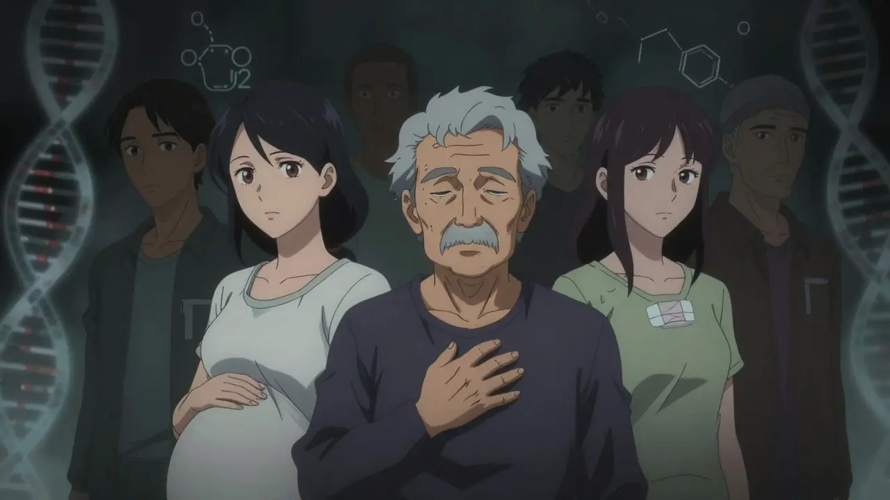 High-risk patients looking vigilant amidst floating genetic symbols.