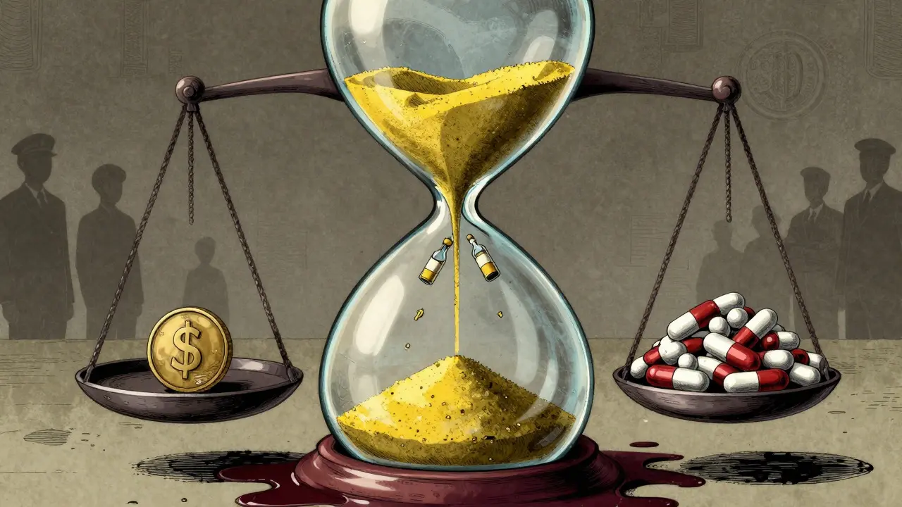 Hourglass with medicine vials crushing generic pills on a scale