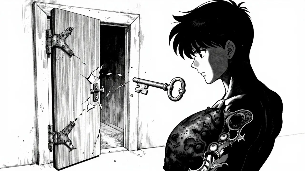 Manga art showing insulin key failing to unlock a rusted cell door