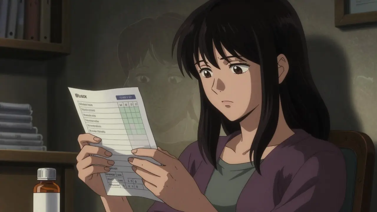 Person carefully verifying prescription details at home in dramatic Sui Ishida style
