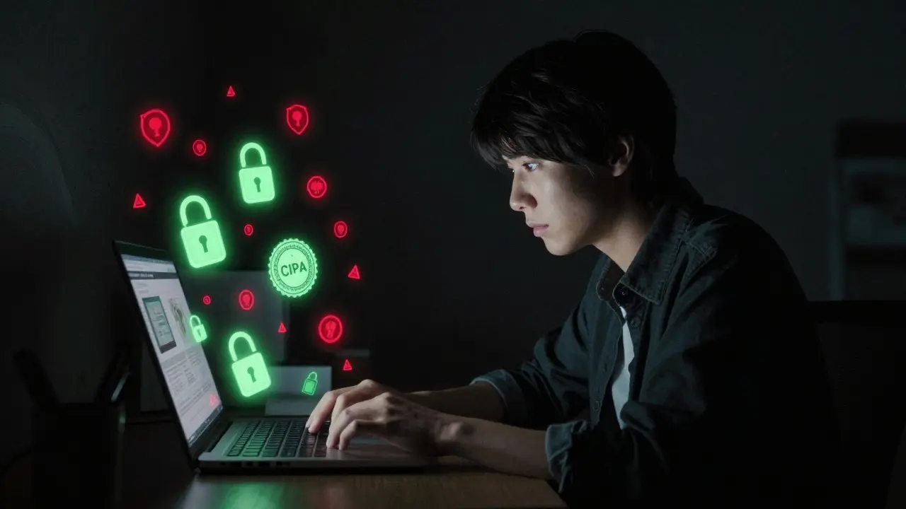 Person cautiously verifying online pharmacy certifications on laptop