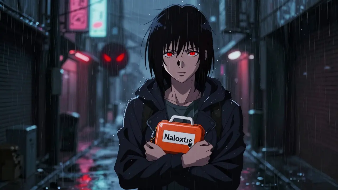 Person clutching naloxone kit in rainy city alley with ominous glowing eyes in background