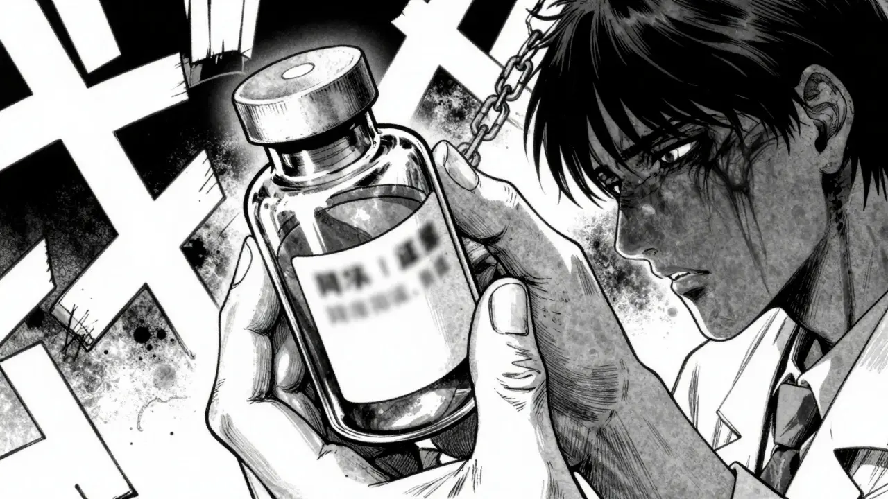 Pharmacist holding prescription bottle with distorted reflection showing hidden stigma