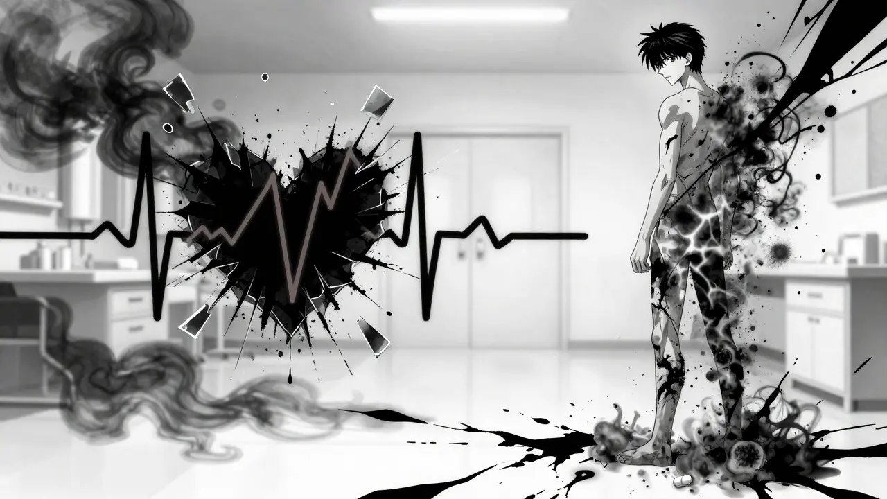 Split image showing heart arrhythmia and dissolving figures from drug clashes.