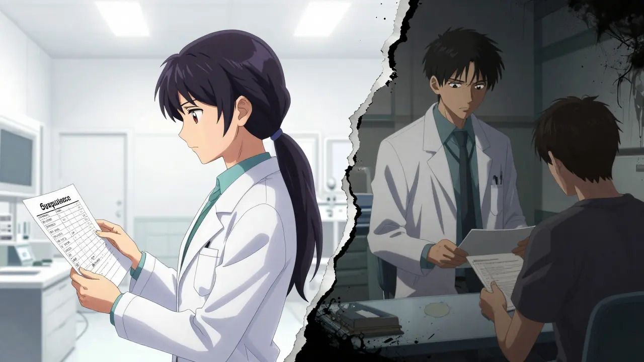 Split scene showing regulators vs doctors debating generic drug safety.