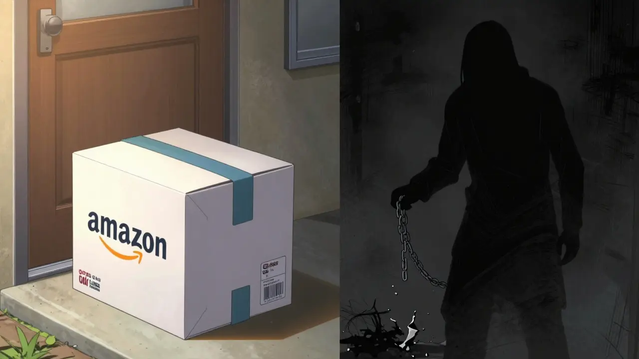 Split view contrasting safe delivery with shadowy counterfeit risks