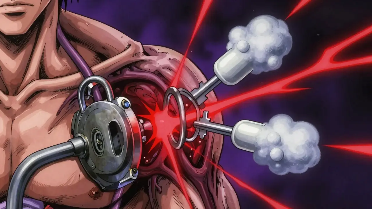 Stylized anime illustration of molecular keys jamming neural receptors, showing chemical blockage in high contrast.