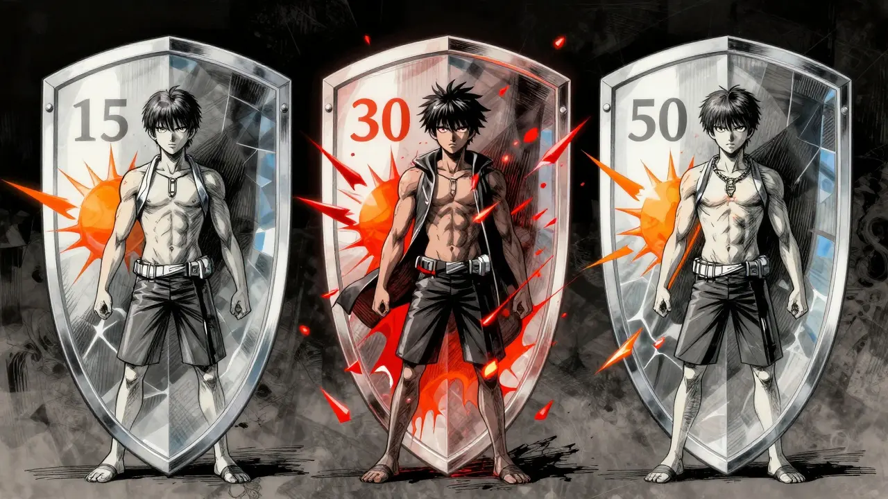 Three figures with shields blocking varying amounts of UV rays