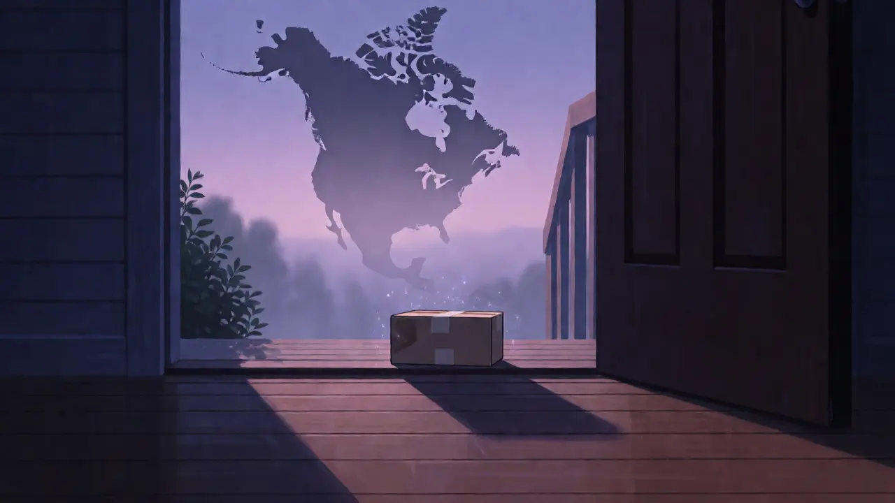 A secure medication package resting on a doorstep under a twilight sky.