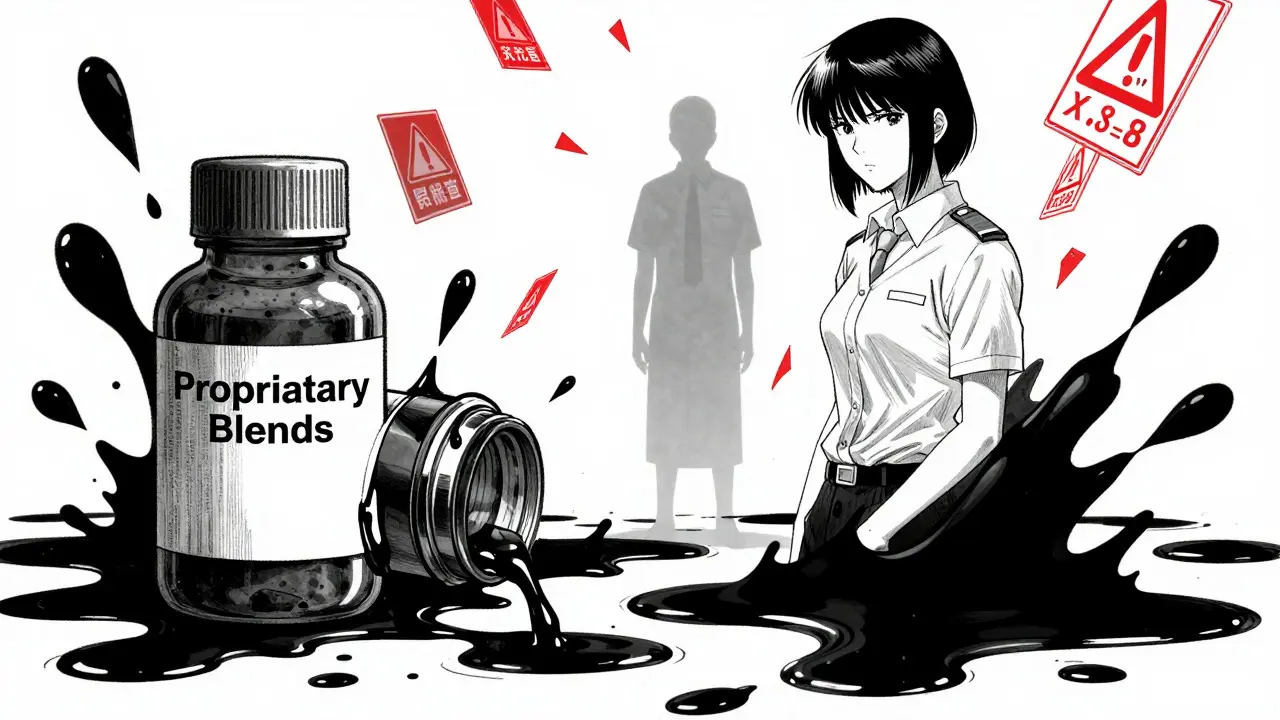 Abstract art showing hidden supplement ingredients leaking as black ink in Sui Ishida style.