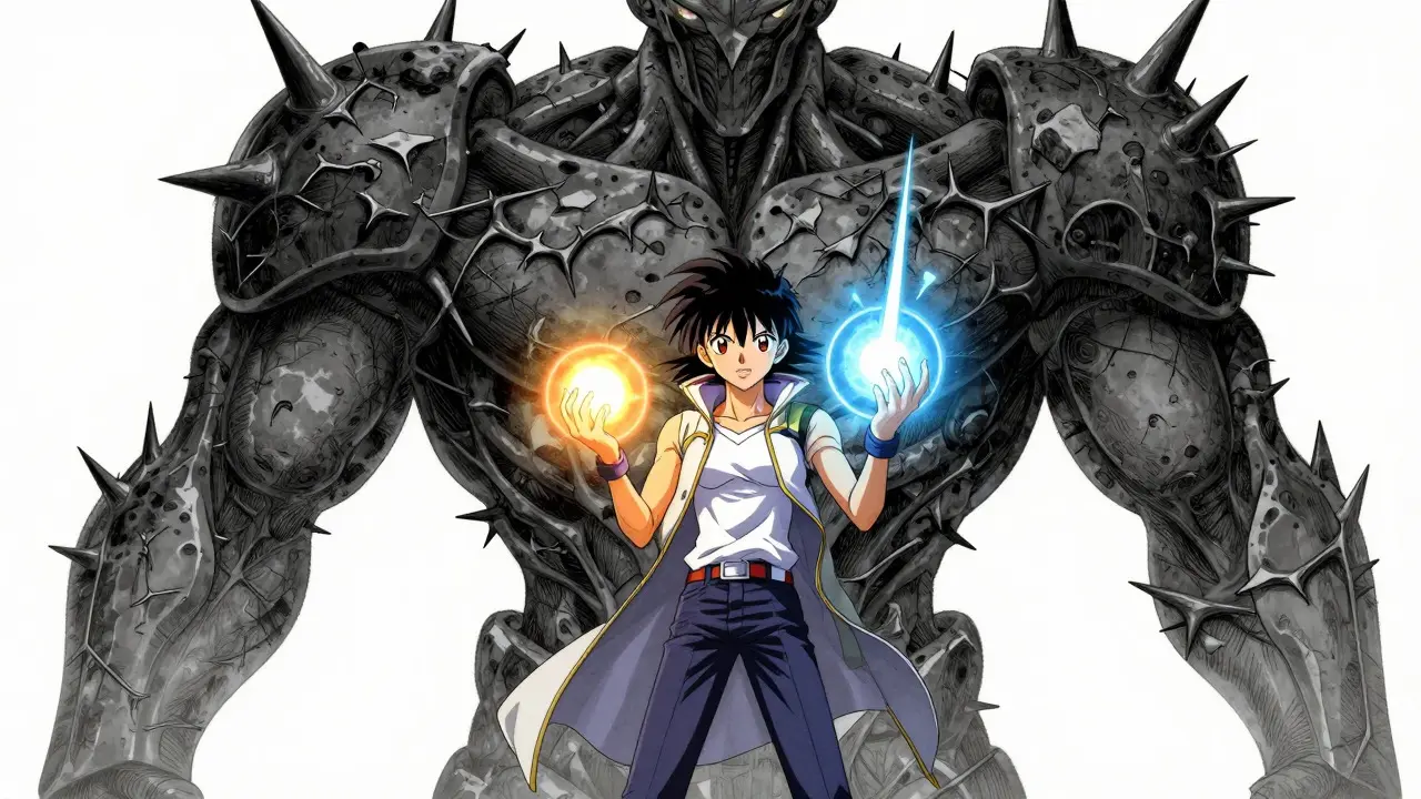 Anime character holding glowing orbs to defeat a heart-shaped monster