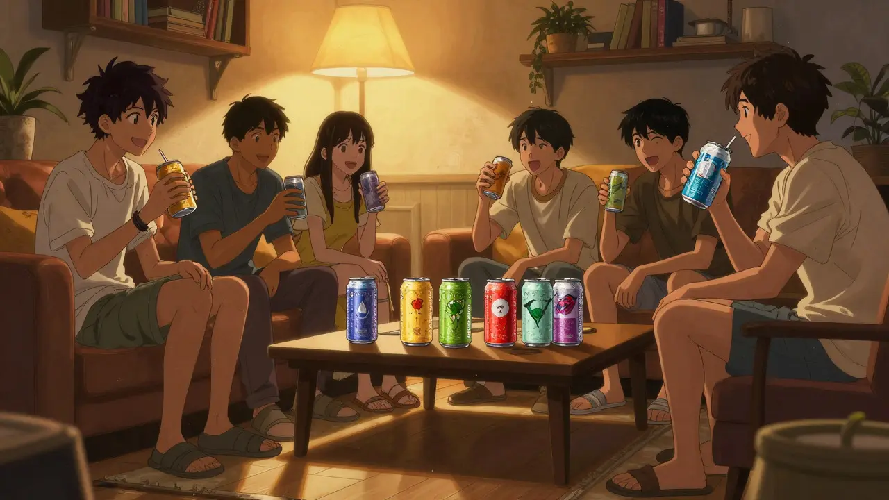 Anime scene of friends relaxing and drinking cold canned cocktails in a warm living room
