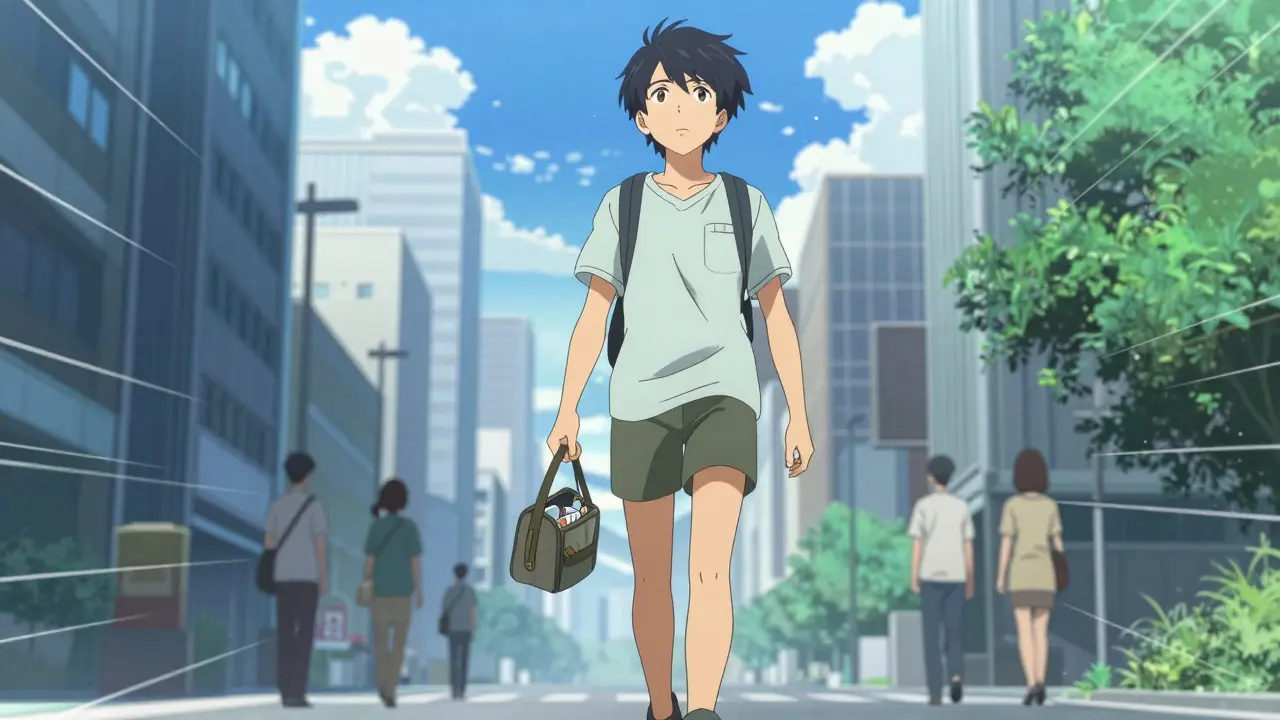 Confident person walking in a city carrying medication in Sui Ishida anime style