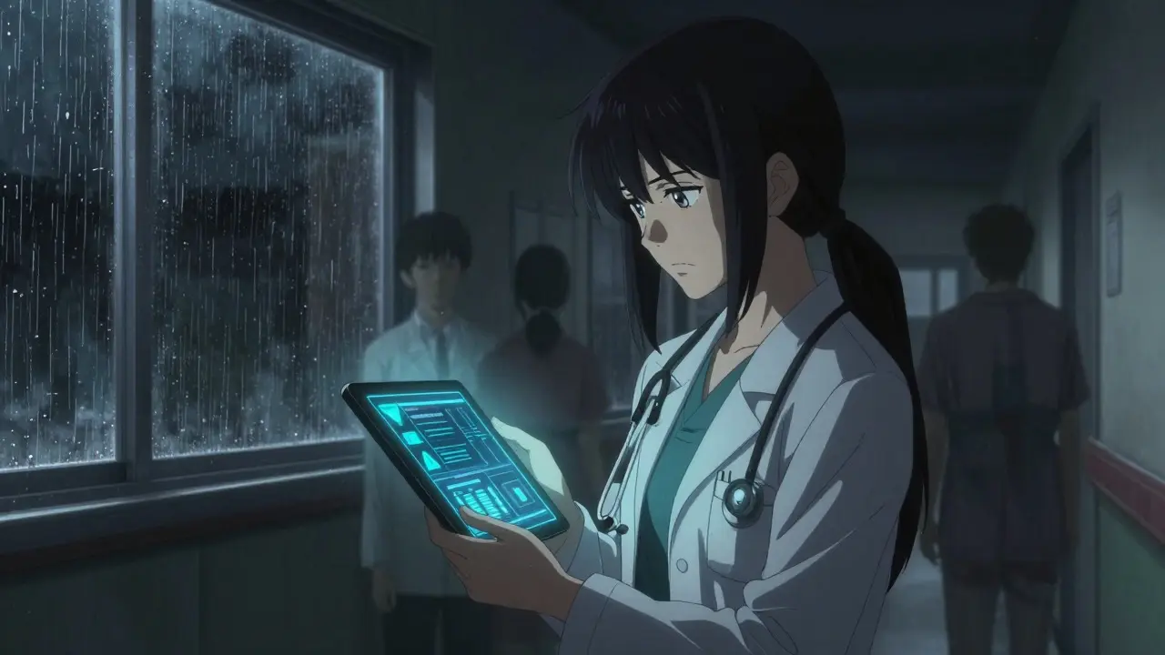 Doctor checking tablet with ghostly patient silhouettes
