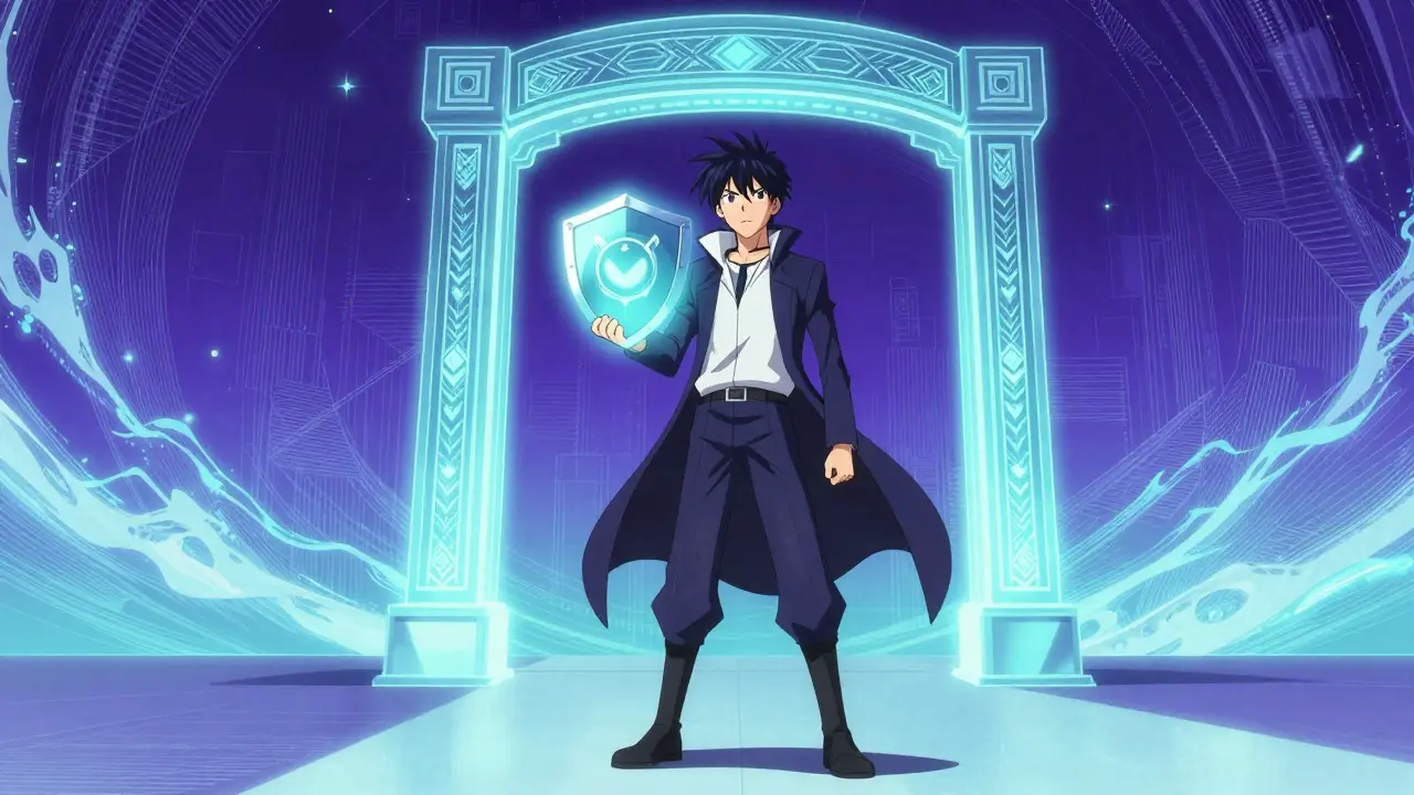 Figure holding a glowing shield before a digital gateway in anime style
