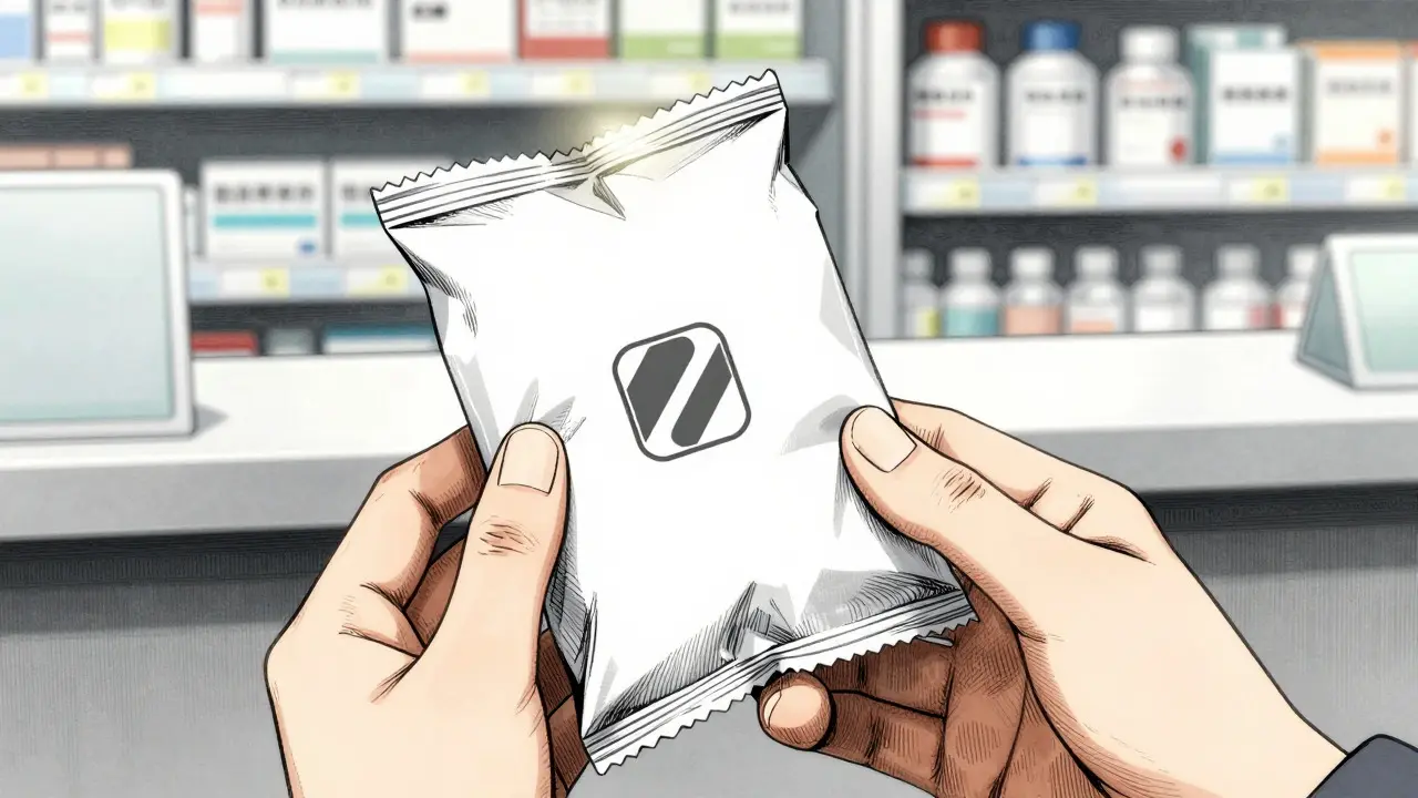 Hands holding a mailed medicine package near a pharmacy counter in manga art