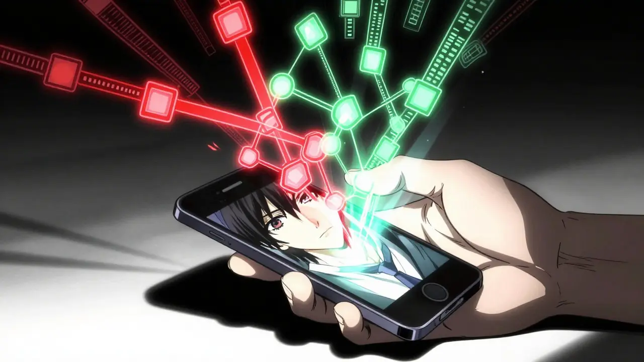 Hands holding a phone projecting glowing interaction data streams in anime style
