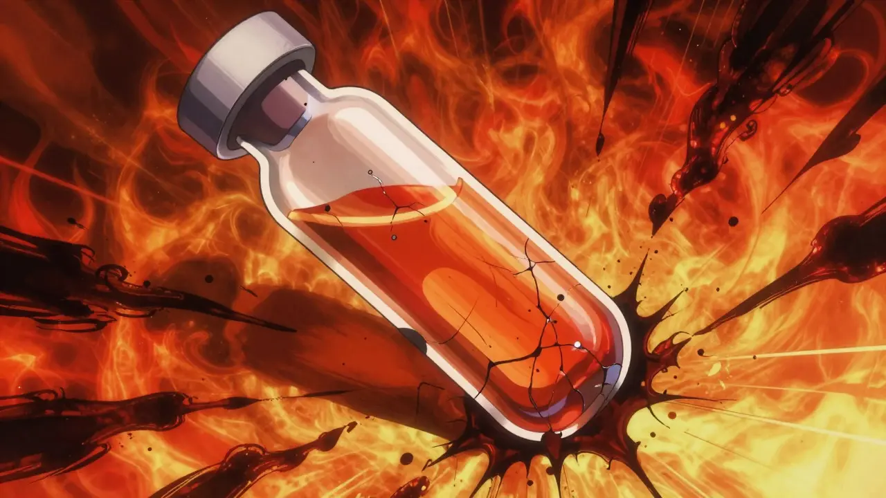 Medicine vial cracking under heat stress with dark swirling shadows