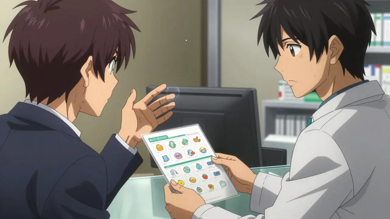 Patient asking pharmacist for clear medication instructions