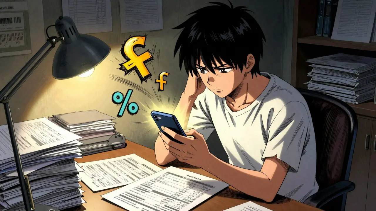 Person analyzing medication prices on a phone in an anime style
