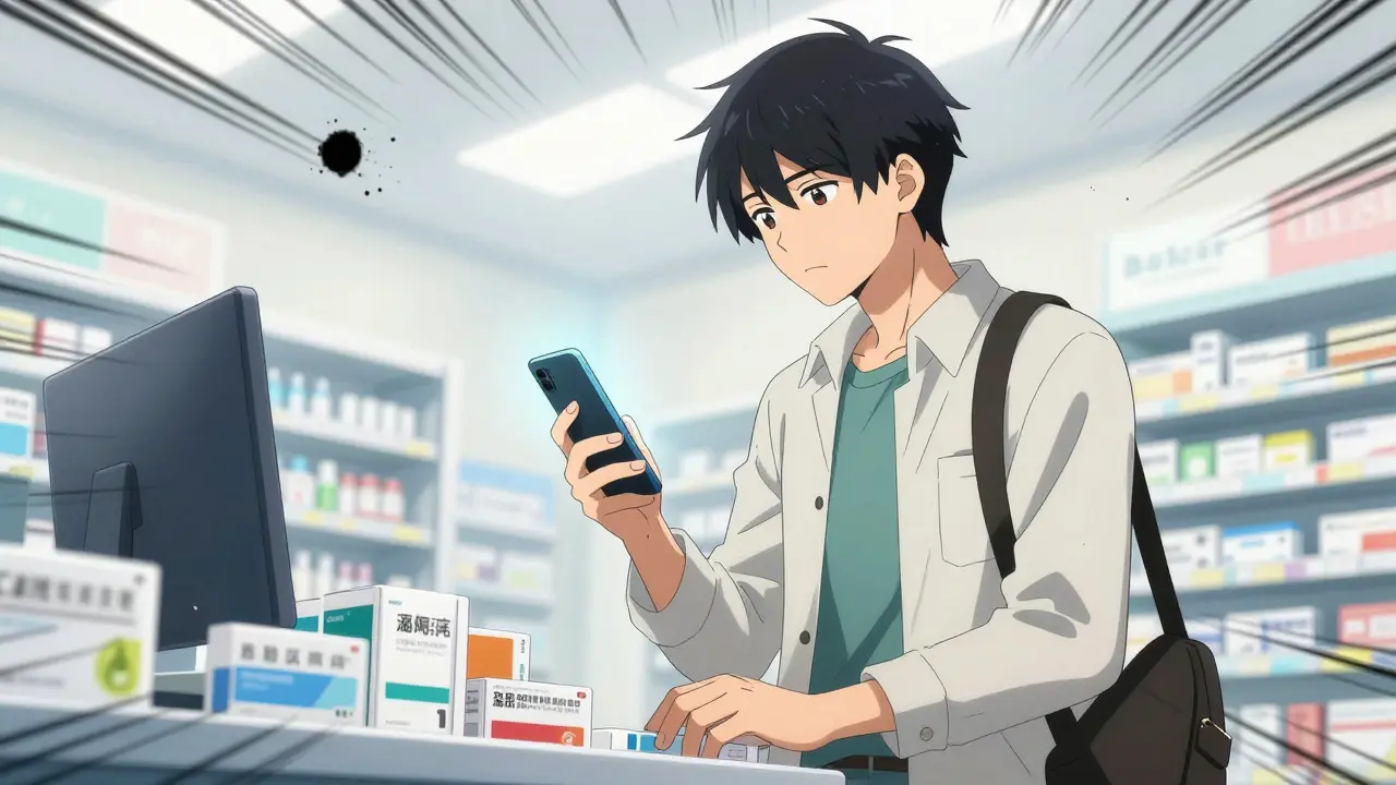 Person comparing medicine prices on a phone at a pharmacy counter
