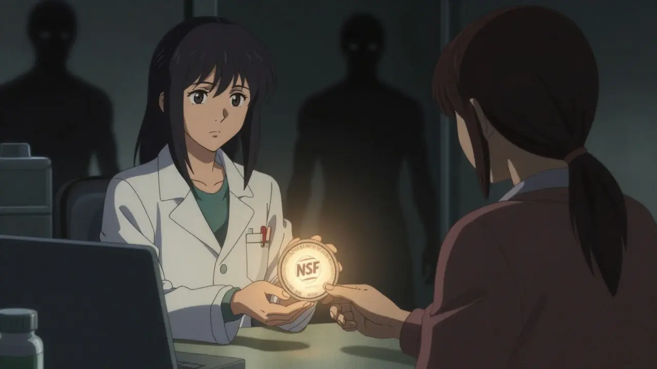 Pharmacist handing a glowing safety certification seal to a customer in moody anime art.