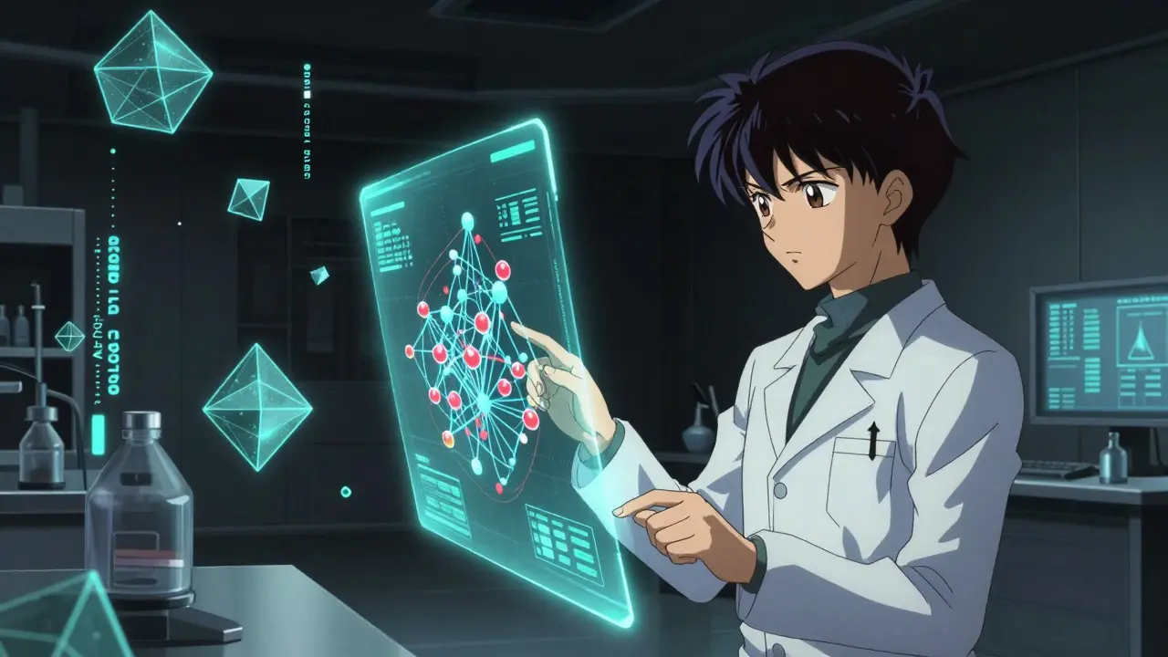 Researcher analyzing holographic data models in a futuristic lab