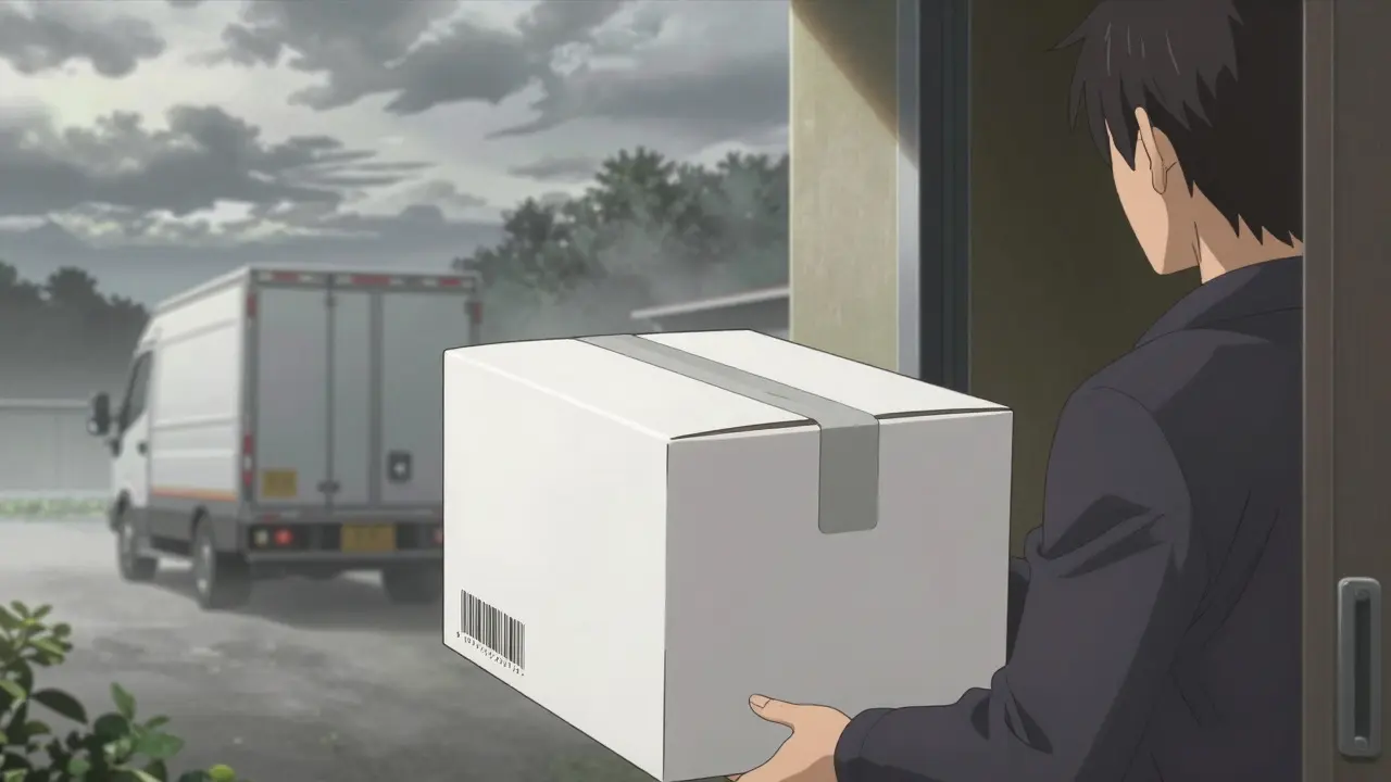Sealed medication package arriving at a doorstep in an anime style