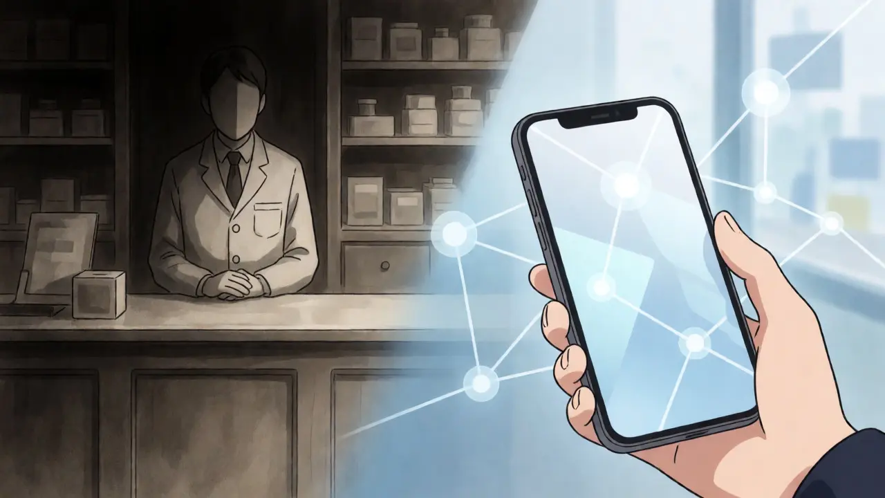 Split scene contrasting a gloomy pharmacy counter with a bright digital discount app.