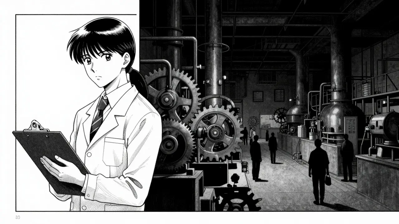 Split scene contrasting clean lab and shadowy factory