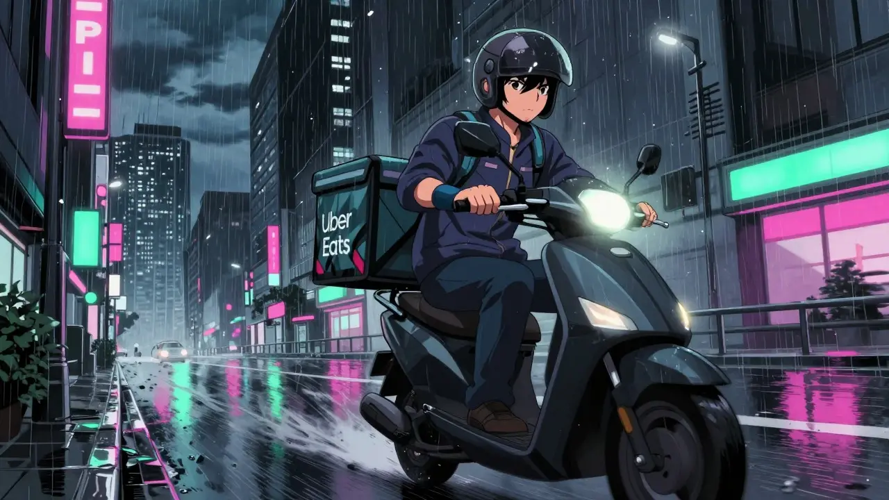 Sui Ishida style anime of a delivery courier riding a scooter through a rainy city street