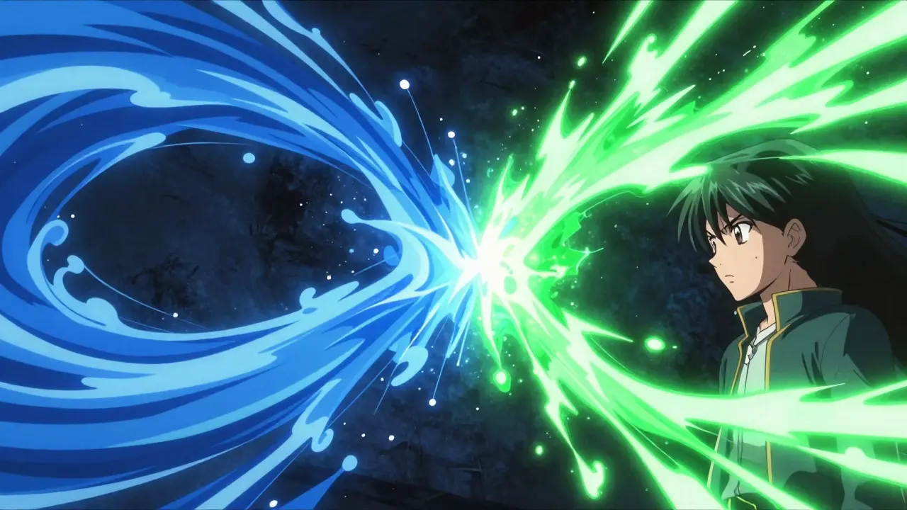 Two colorful energy streams merging into a powerful vortex in anime art style