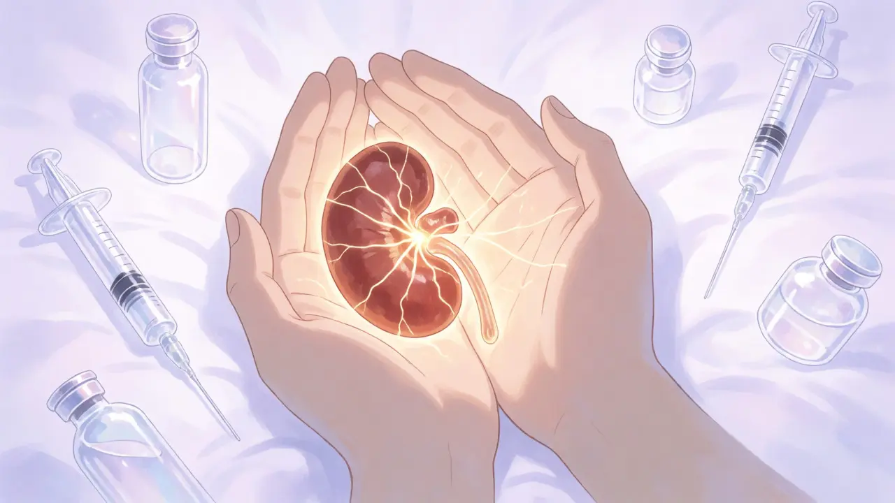 Hands holding a glowing, healing kidney surrounded by medical vials.