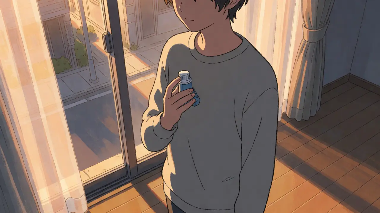 Person holding inhaler peacefully by sunlit window