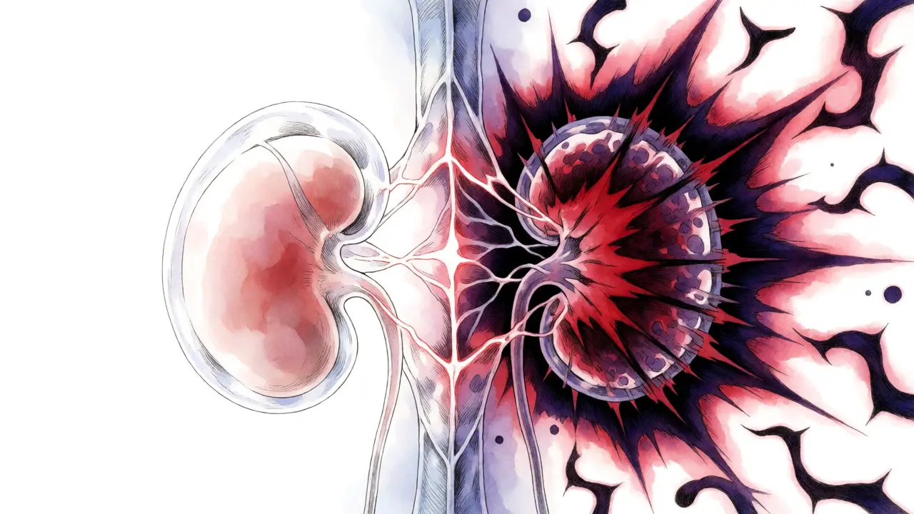 Split view of healthy versus toxic kidney cells with cracking membranes.